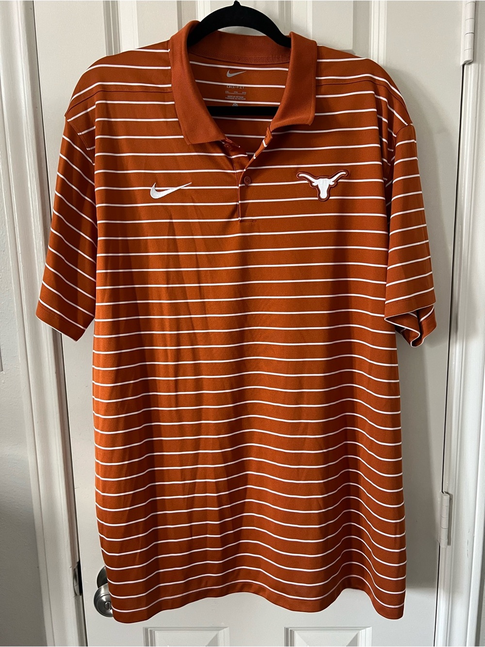 Nike Men’s Orange and White Striped Polo with Longhorn Logo